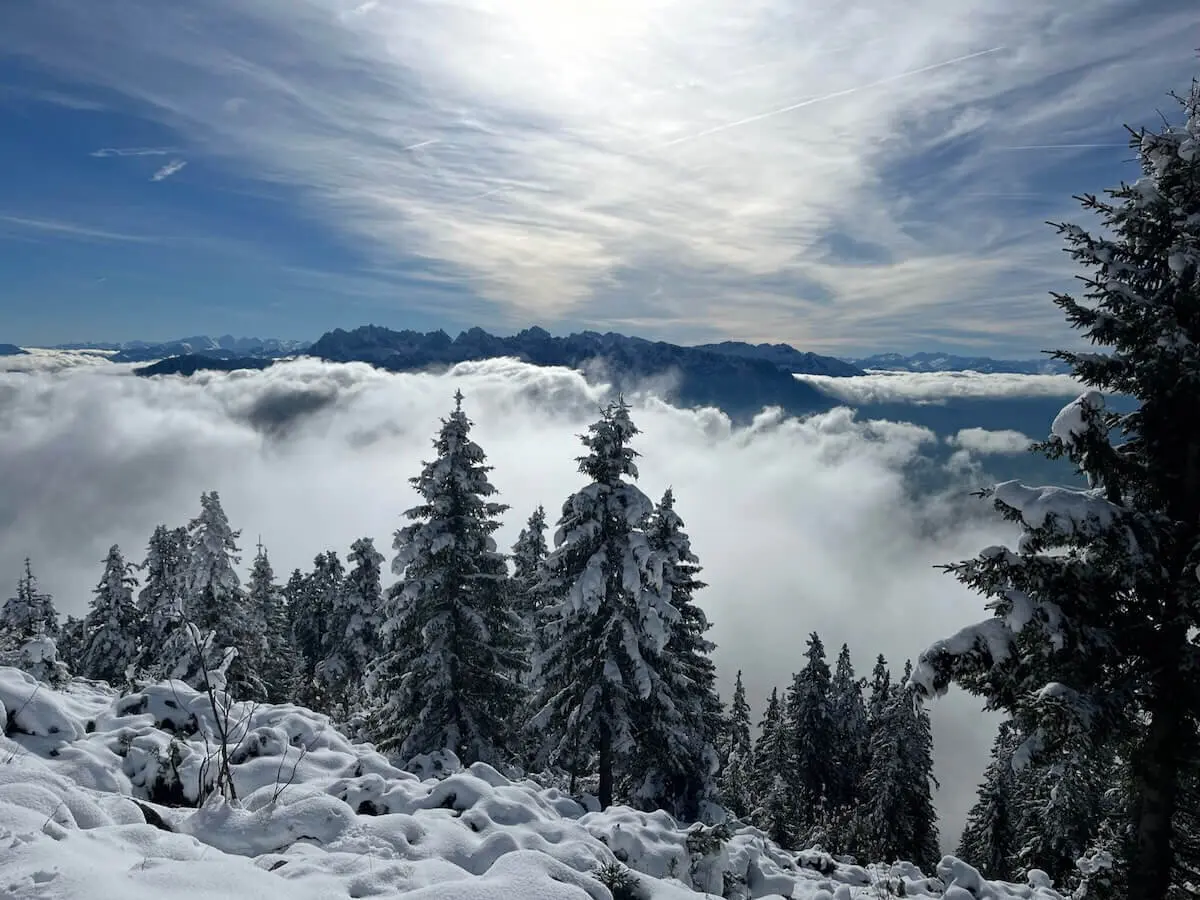 Schneebedeckter Waldhang mit Nebel im Tal; dahinter Bergkette unter dramatischem Himmel mit Sonnenstrahlen. | © DAV Markt Schwaben | Foto Markus Sellmeier