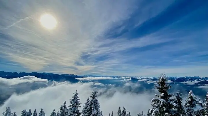 Winterwald unter strahlender Sonne; Nebel im Tal, Berggipfel ragen über Wolkendecke, Himmel mit Schleierwolken. | © DAV Markt Schwaben | Foto Markus Sellmeier