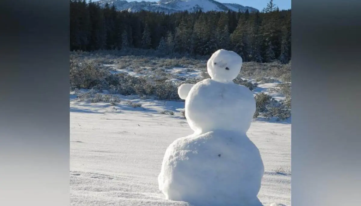 Ein Schneemann steht auf einer verschneiten Almfläche; dahinter verlaufen Waldsaum und schneebedeckte Berggipfel. | © DAV Markt Schwaben / Erwin Matzinger
