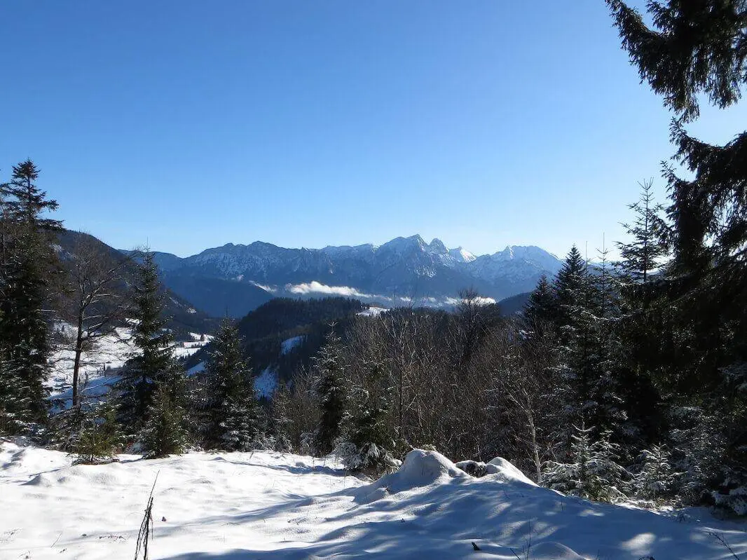Blick über verschneite Waldhänge auf eine markante Gebirgskette; zwischen den Bergen liegen einzelne Nebelfelder im Tal. | © DAV Markt Schwaben / Gerlinde Hübl