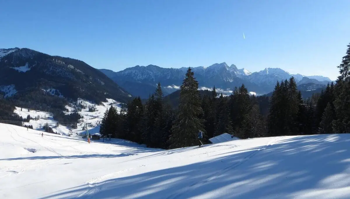 Weite, verschneite Hänge führen zu dunklen Waldflächen; dahinter erstreckt sich eine Gebirgskette unter klarem Himmel. | © DAV Markt Schwaben / Gerlinde Hübl