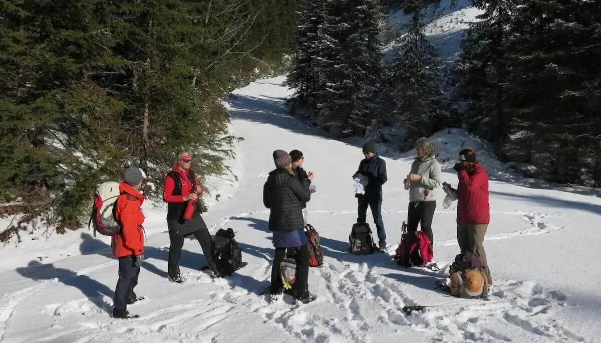 Eine Wandergruppe macht auf einem verschneiten Forstweg zwischen Nadelbäumen Pause; Rucksäcke liegen im Schnee. | © DAV Markt Schwaben / Erwin Matzinger