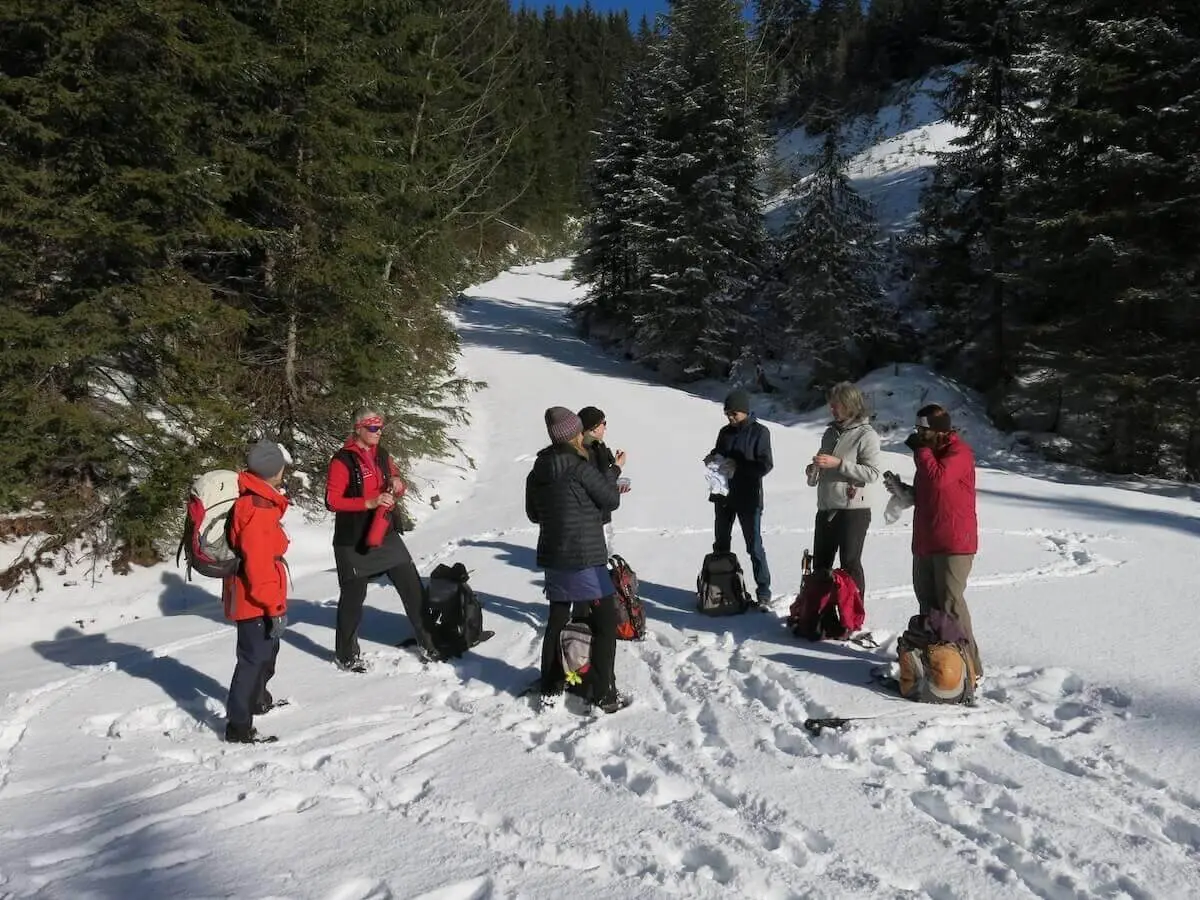 Eine Wandergruppe macht auf einem verschneiten Forstweg zwischen Nadelbäumen Pause; Rucksäcke liegen im Schnee. | © DAV Markt Schwaben / Erwin Matzinger