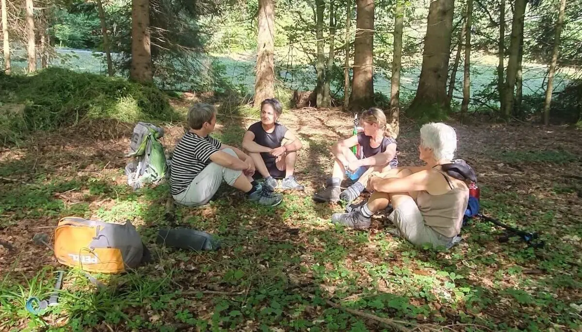 Vier Wandernde sitzen im Wald auf dem Boden, umgeben von hohen Bäumen; Rucksäcke und Stöcke liegen neben ihnen, Sonnenflecken fallen durch das Blätterdach. | © DAV Markt Schwaben/Anna Maria Blau
