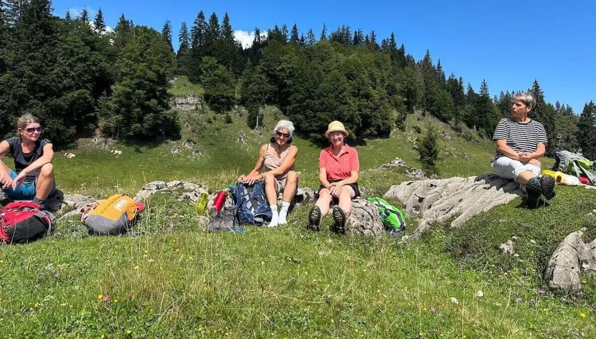 Vier Wandernde sitzen auf einer Wiese mit Felsen und Blumen; hinter ihnen bewaldete Hügel unter klarem Himmel. | © DAV Markt Schwaben/Elke Kressirer