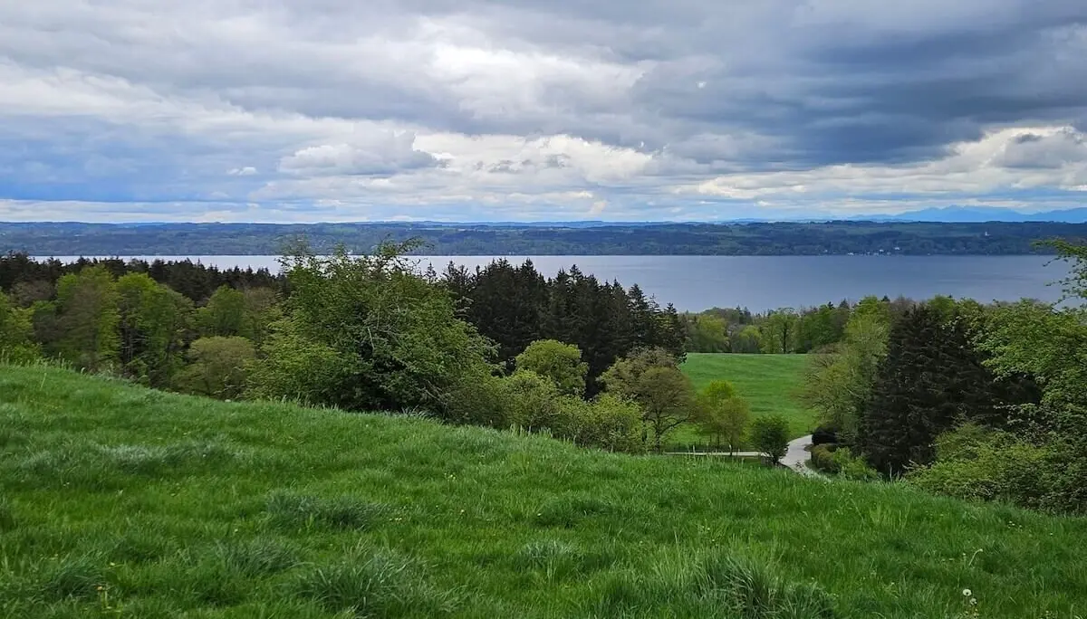 Landschaft mit Wiesen, Wald und Seeblick. Eine weite, grüne Wiese vor einem dichten Wald, dahinter ein großer See unter bewölktem Himmel. | © DAV Markt Schwaben / Hubert Inhofer