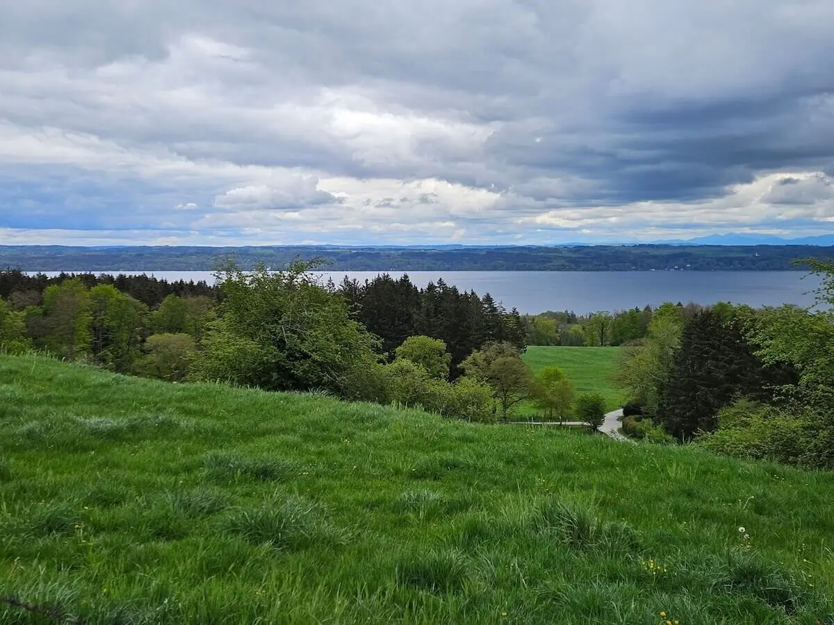 Landschaft mit Wiesen, Wald und Seeblick. Eine weite, grüne Wiese vor einem dichten Wald, dahinter ein großer See unter bewölktem Himmel. | © DAV Markt Schwaben / Hubert Inhofer