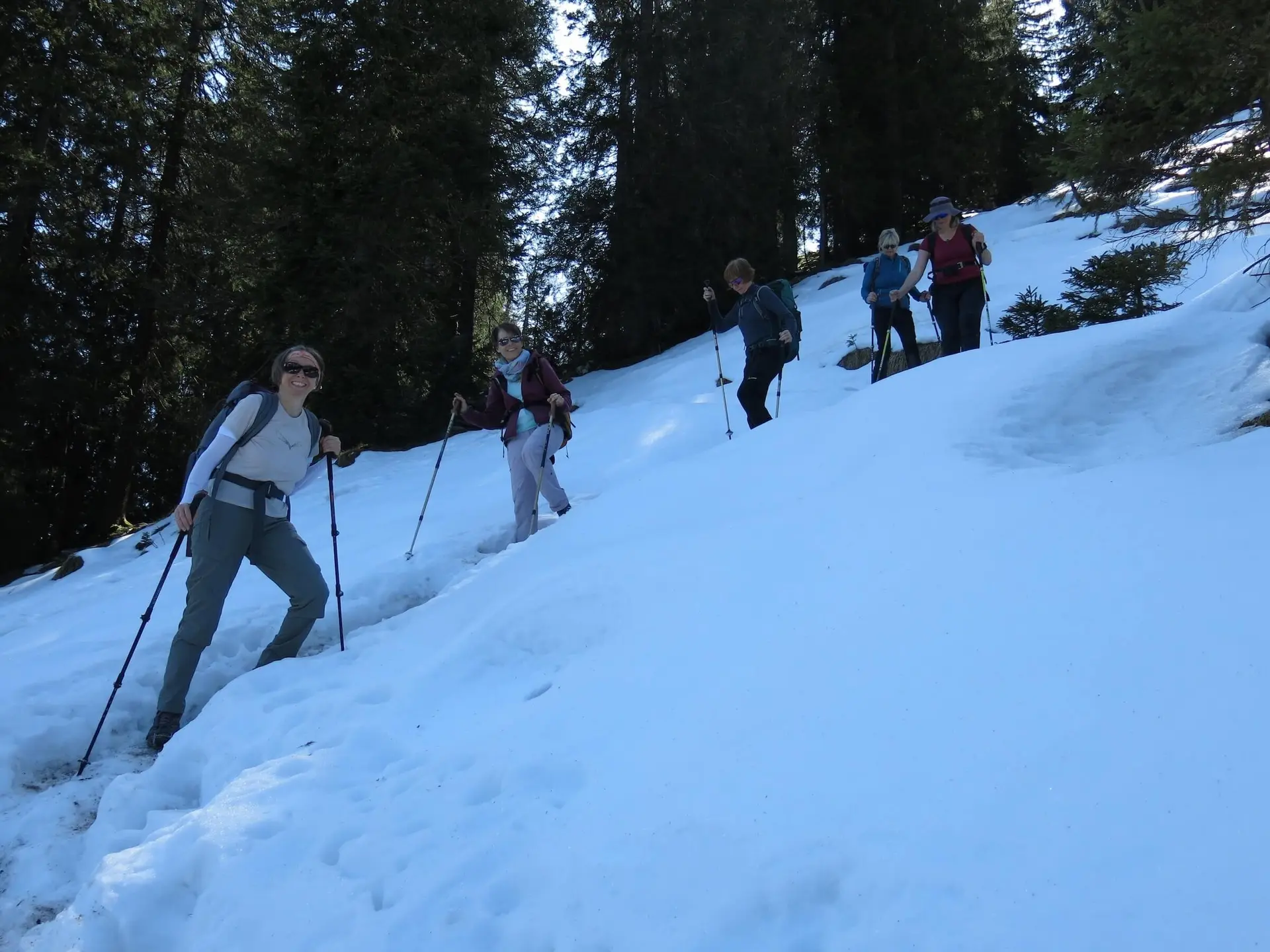 Wanderer genießen die Aussicht auf ein grünes Tal, umgeben von majestätischen Bergen unter klarem Himmel. | © DAV Markt Schwaben | Foto Erwin Matzinger