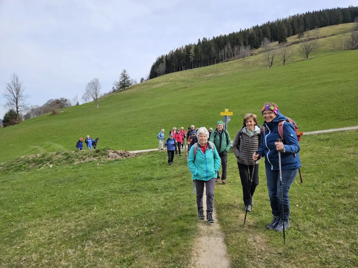 Seniorengruppe genießt Höhenwanderung im April 2025, umgeben von grünen Hügeln und idyllischer Natur. | © DAV Markt Schwaben | Foto Hubert Inhofer