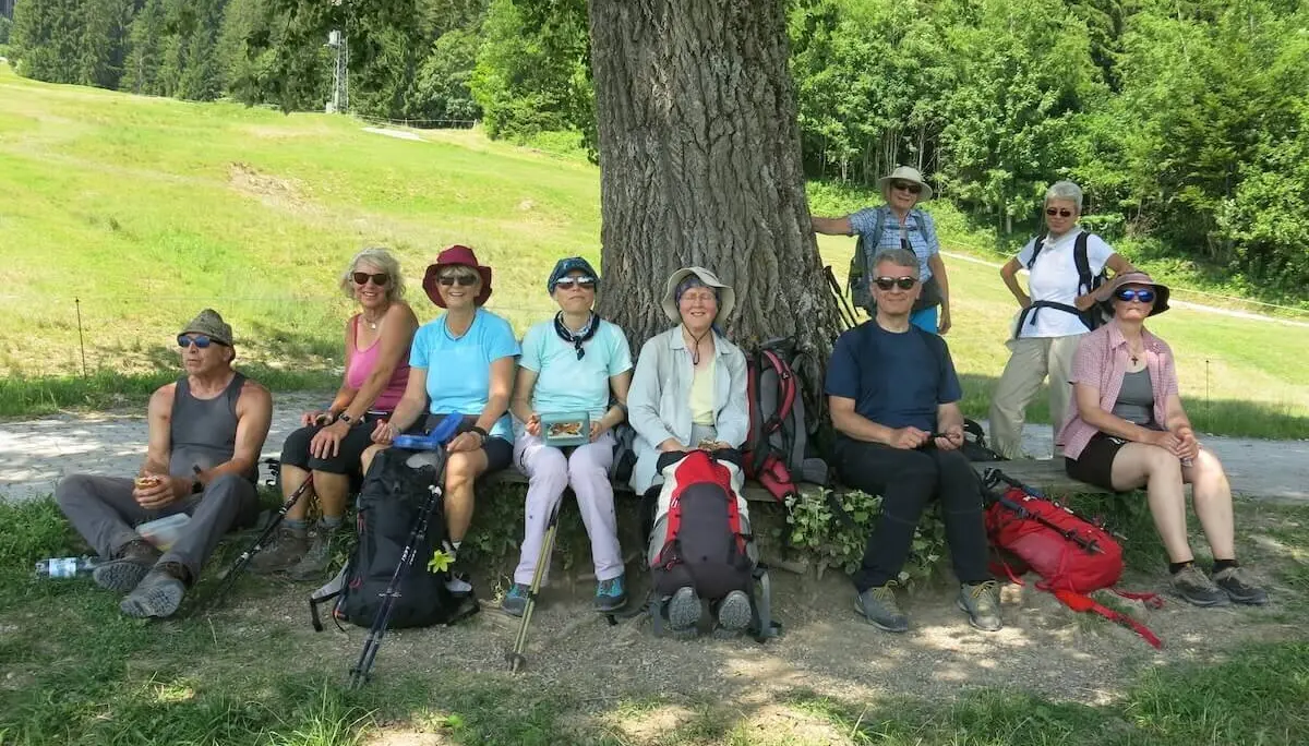 Neun Wandernde ruhen sich unter einem großen Baum aus, umgeben von grünen Hügeln und Natur – ein Moment der Gemeinschaft. | © DAV Markt Schwaben