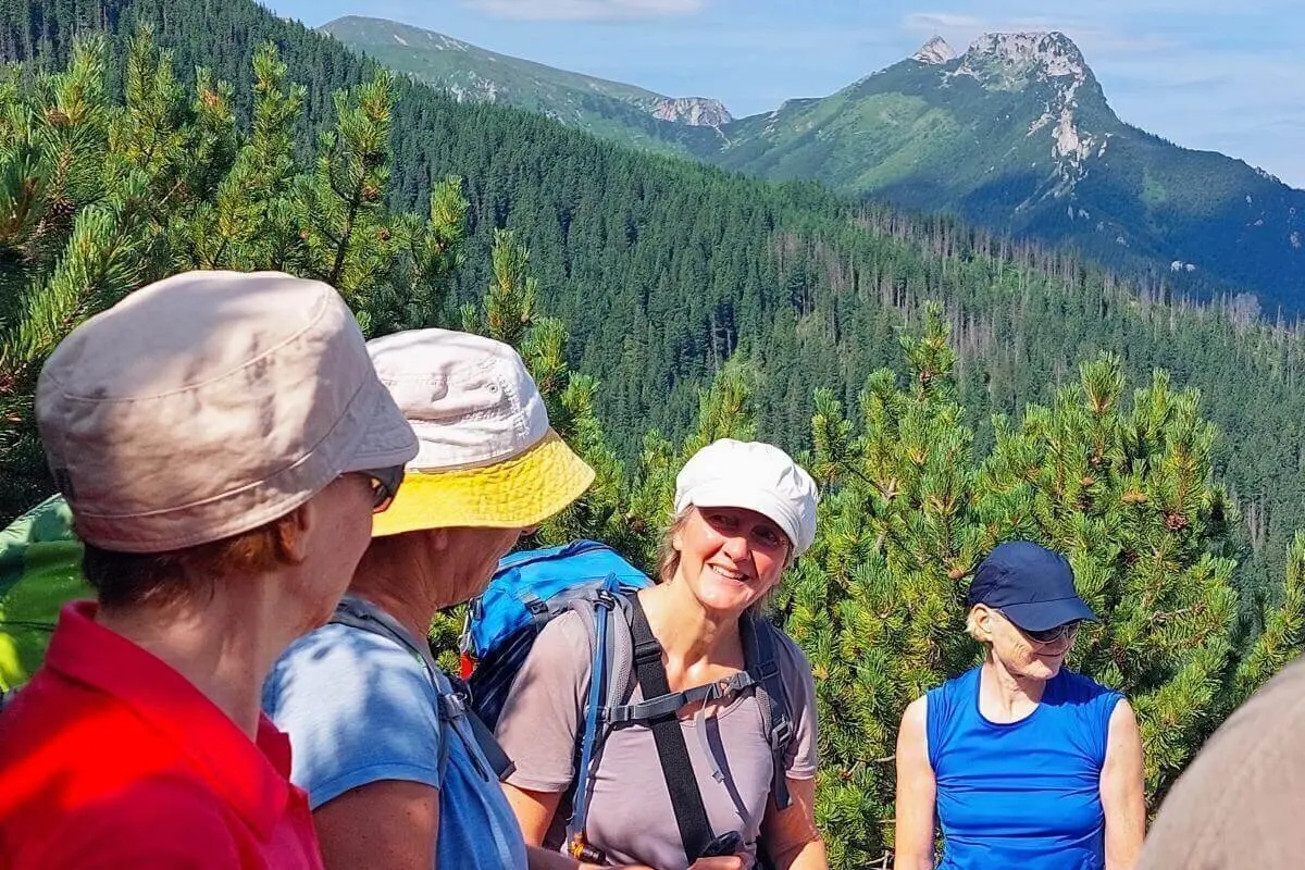 Fünf Wandernde stehen auf einem Waldpfad mit Blick auf bewaldete Berghänge und einen felsigen Gipfel bei sonnigem Wetter. | © DAV Markt Schwaben | Foto Lutz Gründel
