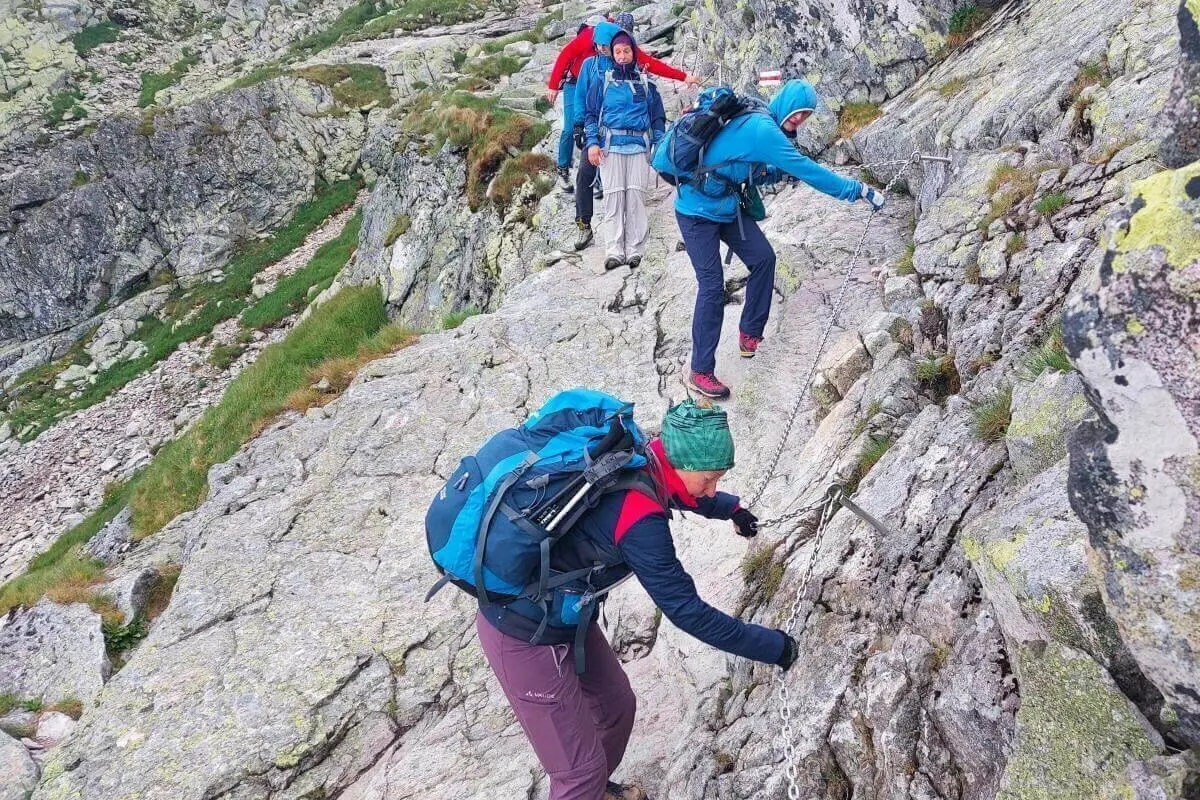 Mehrere Wandernde steigen mit Kettenhilfe über steile, felsige Bergflanke; sie tragen Jacken, Mützen und Rucksäcke. | © DAV Markt Schwaben | Foto Lutz Gründel