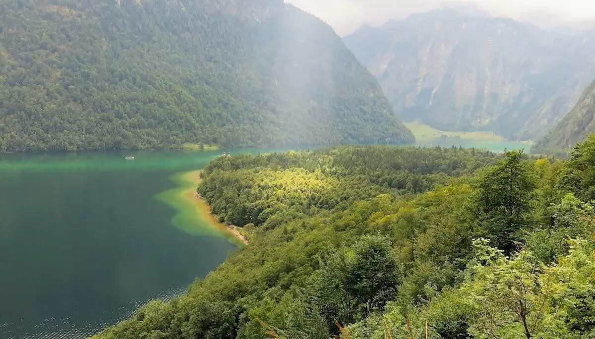 Grüner Wald und smaragdgrüner Königssee, im Vordergrund Halbinsel, hinten Berge im Nebel und Sonnenlicht. | © DAV Markt Schwaben · Foto: Erwin Matzinger