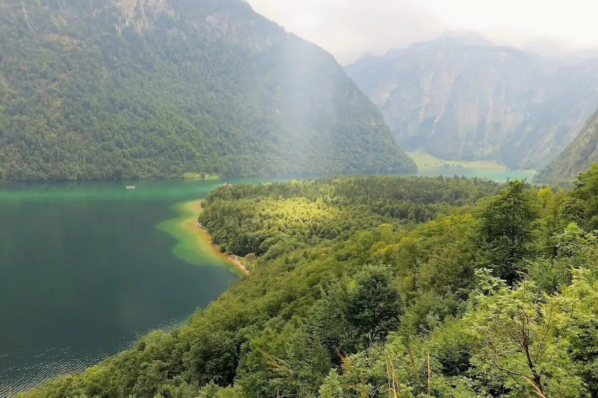 Grüner Wald und smaragdgrüner Königssee, im Vordergrund Halbinsel, hinten Berge im Nebel und Sonnenlicht. | © DAV Markt Schwaben · Foto: Erwin Matzinger
