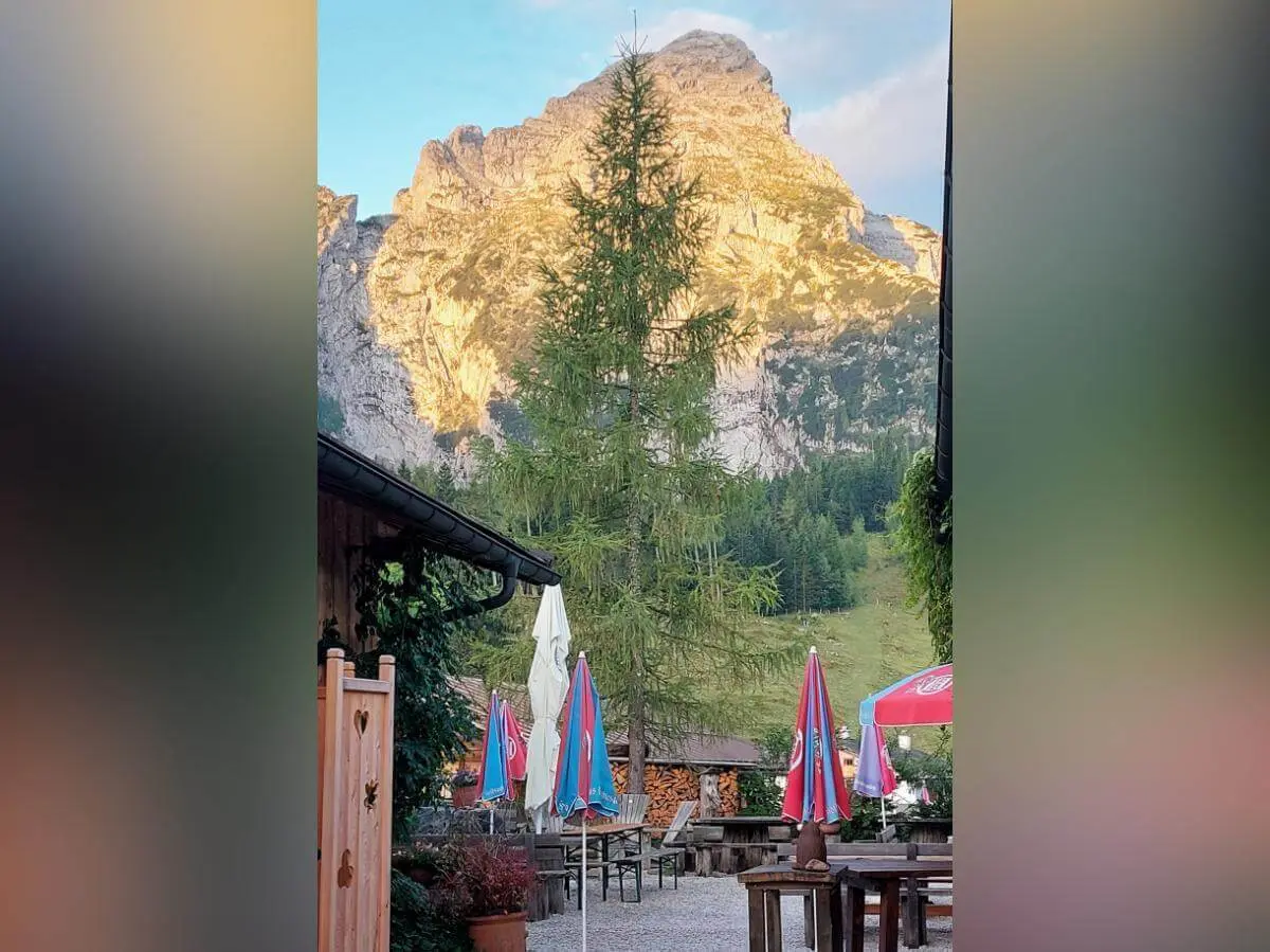 Holzbänke und bunte Schirme vor Bergkulisse mit Sonnenlicht auf Felswand, mittig eine hohe Tanne. | © DAV Markt Schwaben ·Foto: Lutz Gründel