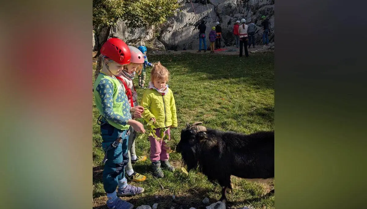 Sechs Kinder in bunter Winterkleidung stehen auf einem gepflasterten Weg am Ufer eines großen Sees. Im Hintergrund sind steile Berge, Bäume und blauer Himmel zu sehen. Die Szene wirkt sonnig und klar. | © DAV Markt Schwaben · Foto: Silke Titze