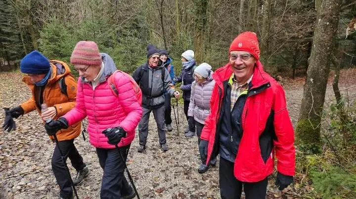 Seniorengruppe wandert bei kühlem Wetter auf einem Laubweg durch den Wald, im Vordergrund warme Kleidung und Gehstöcke. | © DAV Markt Schwaben · Foto: Hubert Inhofer