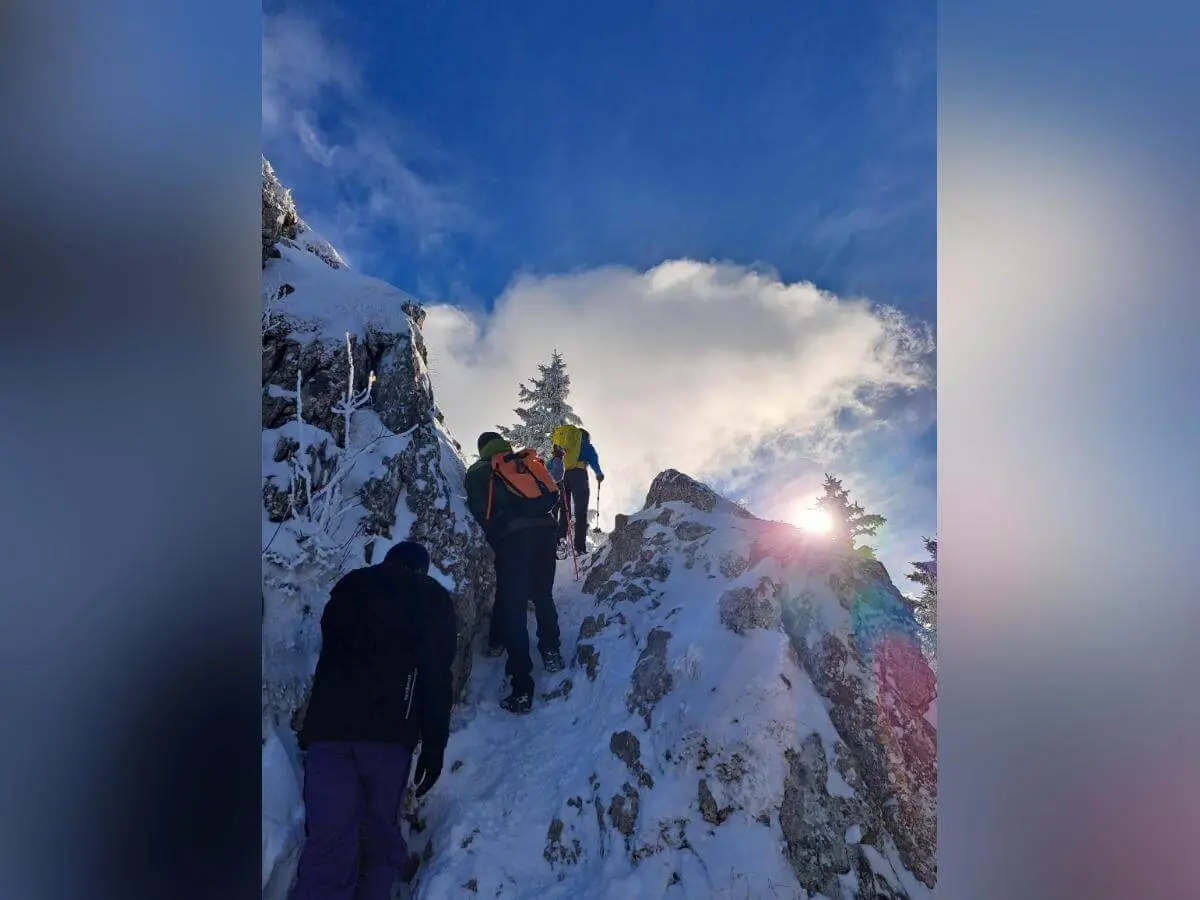 Wandergruppe steigt bei Sonnenschein einen schmalen, verschneiten Bergpfad hinauf, Felsen und Nadelbäume flankieren den Weg. | © DAV Markt Schwaben · Foto Tanja Döhler