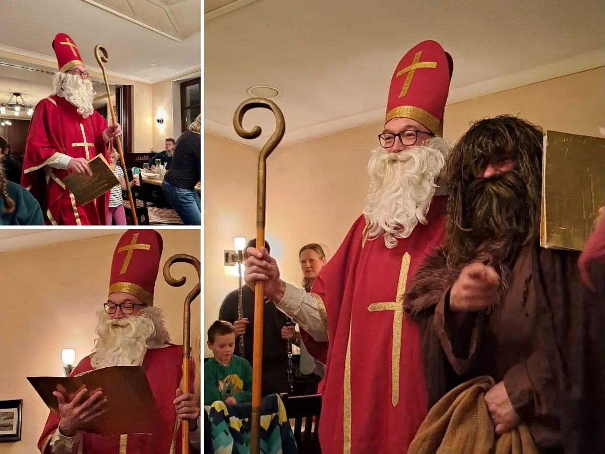 Collage mit St. Nikolaus bei der Weihnachtsfeier der DAV-Sektion Markt Schwaben, der Mitglieder besucht  | © DAV Markt Schwaben · Foto Markus Sellmeier