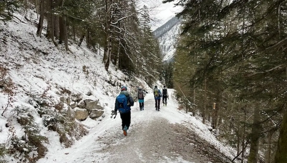 Eine der Übungseinheiten An- & Abschnallen der Ski auf der Forststraße | © Peter Langenbacher 2025