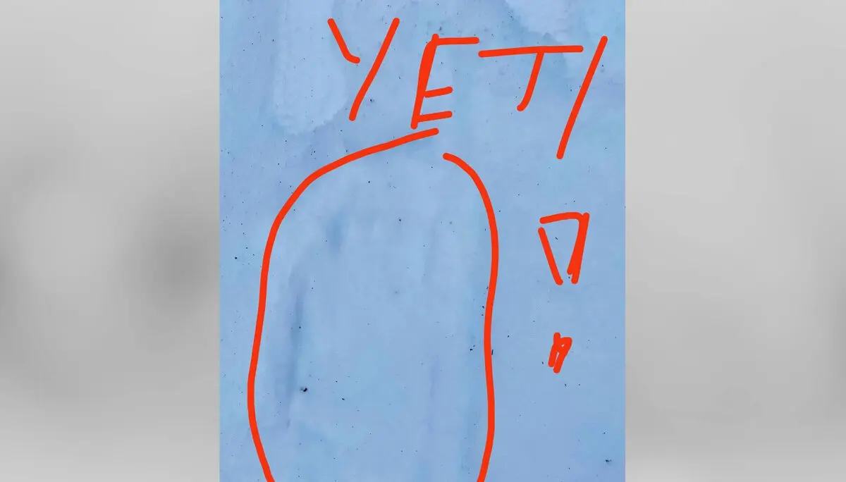 Schneebedeckter Waldboden, auf dem eine deutliche Fußspur zu sehen ist, mit dem darüber geschriebenen roten Wort 'YETI'. | © DAV Markt Schwaben