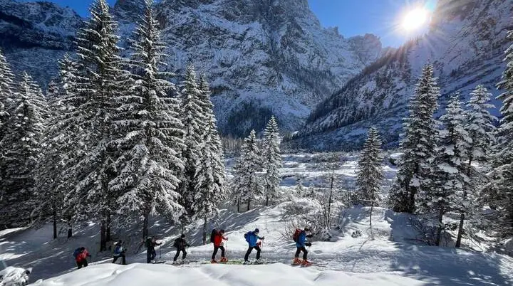   Skitourengruppe steigt bei Sonnenschein durch verschneites Gelände zum Sextner Stoan mit Dolomitenblick im Hintergrund. | © DAV Markt Schwaben · Foto: Peter Langenbacher