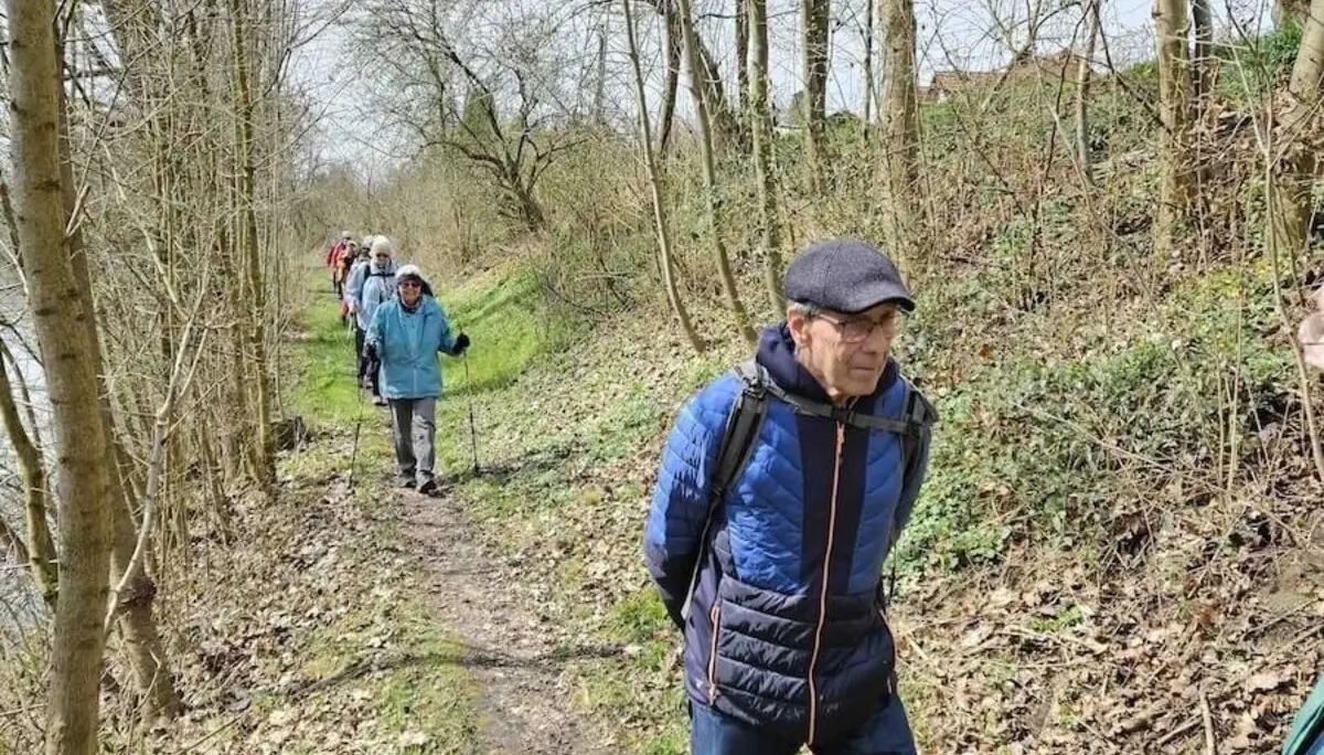 Eine Gruppe von Wanderern geht auf einem schmalen, unbefestigten Pfad durch ein bewaldetes Gebiet. Die Bäume haben überwiegend kahle Äste, was auf frühen Frühling oder späten Herbst hindeutet. Der Boden ist mit gefallenen Blättern und grünem Gras bedeckt. Die Wanderer tragen Outdoor-Kleidung, darunter Jacken und Rucksäcke. | © DAV Markt Schwaben