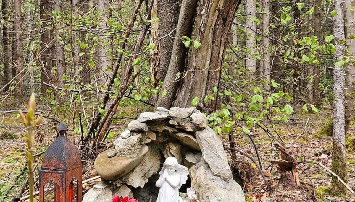 .Gedenkstätte im Wald mit Engelstatue und Laterne. Eine ruhige und besinnliche Szene mit einer Engelstatue, roten Blumen und einer Laterne zwischen Bäumen und Moos. | © DAV Markt Schwaben | Foto Hubert Inhofer