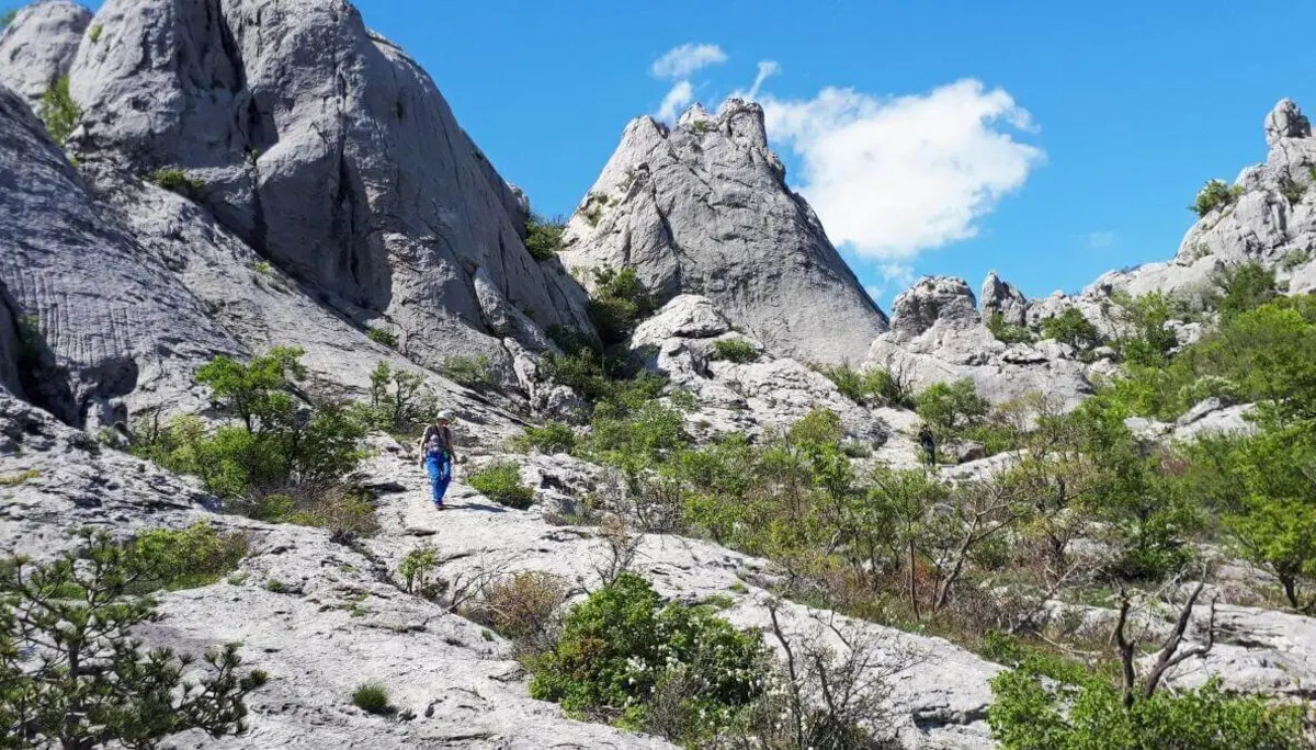 Eine Person in Blau wandert auf einem schmalen Pfad durch felsiges Gelände; klare Sicht und sonniges Wetter. | © DAV Markt Schwaben | Foto Martin und Silvia Mack