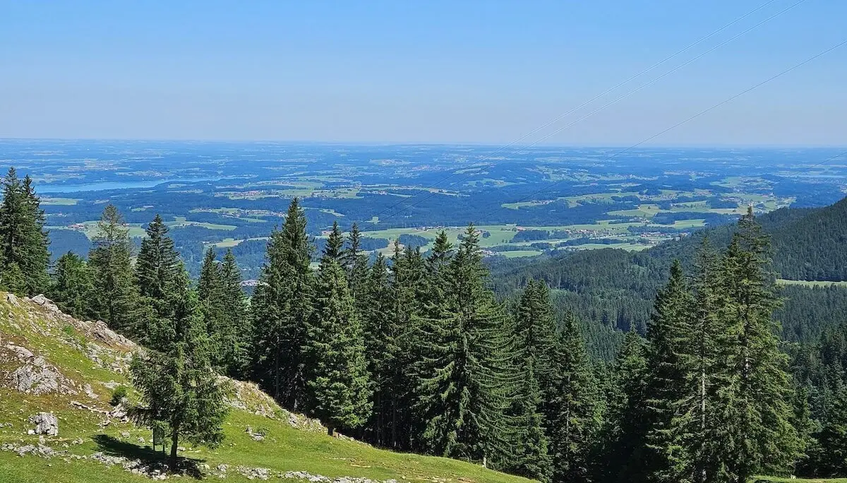 Vom Hochries-Panoramaweg aus öffnet sich der Blick auf grüne Wälder, Felder und ferne Siedlungen bei klarem Himmel. | © DAV Markt Schwaben | Foto Hubert Inhofer