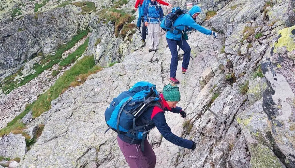Mehrere Wandernde steigen mit Kettenhilfe über steile, felsige Bergflanke; sie tragen Jacken, Mützen und Rucksäcke. | © DAV Markt Schwaben | Foto Lutz Gründel