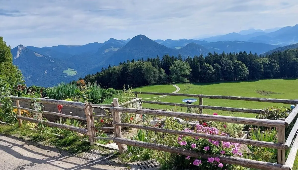 Im Vordergrund blühen bunte Blumen hinter einem Holzzaun, dahinter Wiese, Wald und Berggipfel unter Wolken. | © DAV Markt Schwaben | Foto Hubert Inhofer