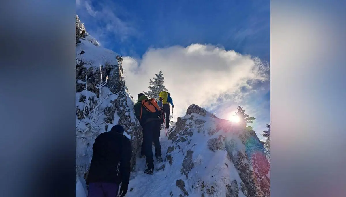 Wandergruppe steigt bei Sonnenschein einen schmalen, verschneiten Bergpfad hinauf, Felsen und Nadelbäume flankieren den Weg. | © DAV Markt Schwaben · Foto Tanja Döhler