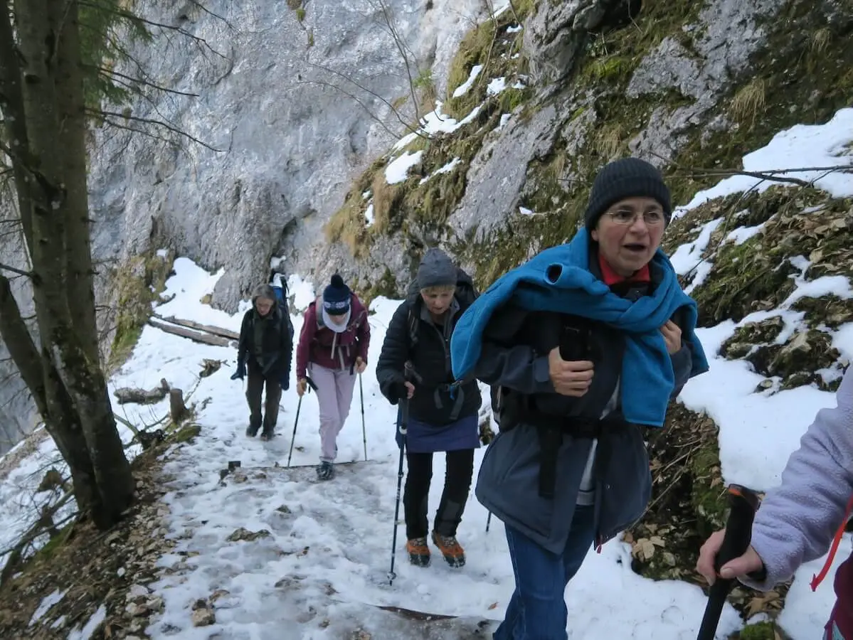 Fünf Erwachsene steigen auf einem schmalen, vereisten Bergpfad zwischen Felswänden auf, gestützt von Stöcken und winterlicher Ausrüstung. | © DAV Markt Schwaben/Erwin Matzinger