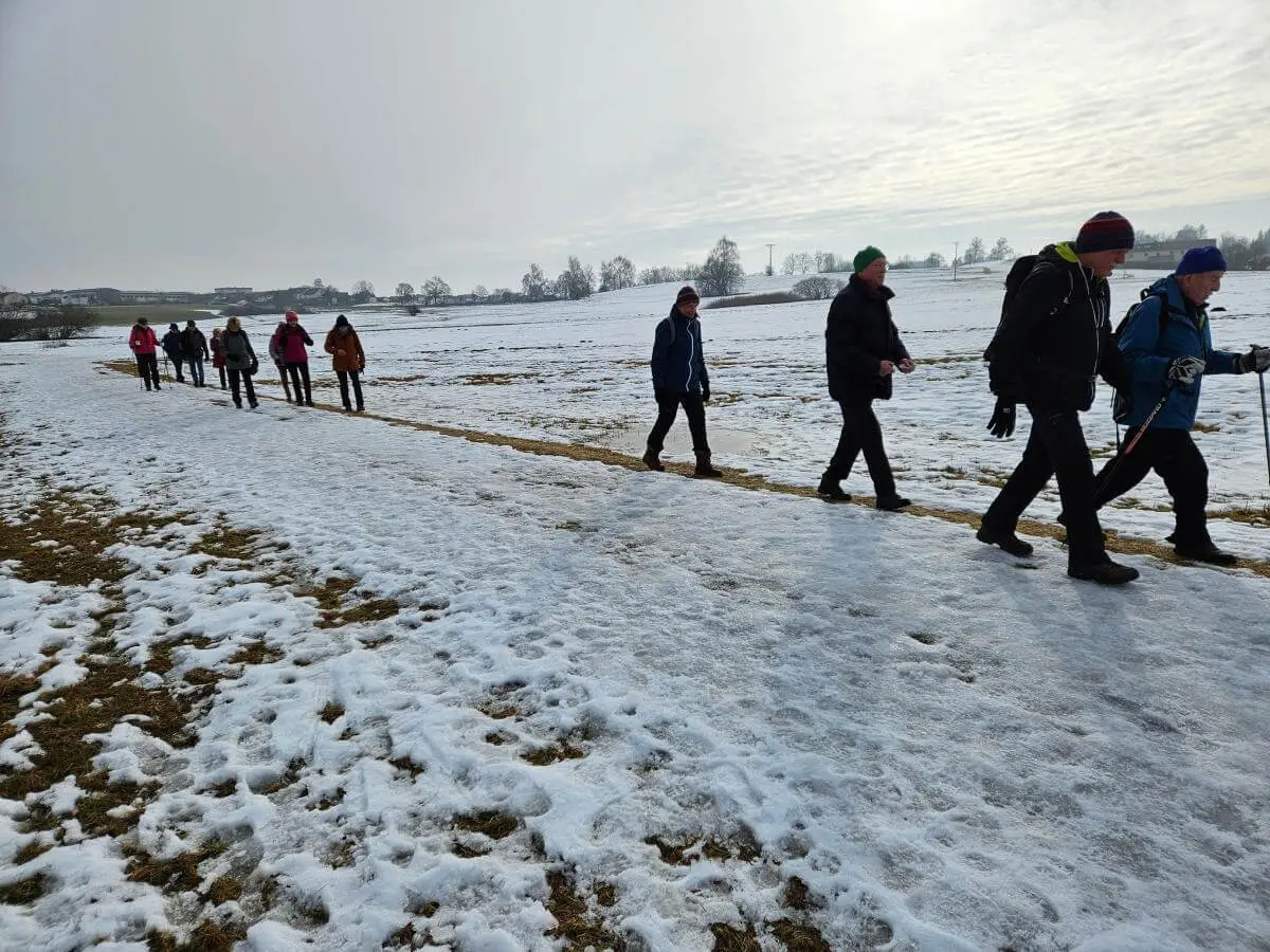 Seniorinnen und Senioren wandern in einer Reihe über einen verschneiten Feldweg; im Hintergrund liegen offene Wiesen und einzelne Bäume. | © DAV Markt Schwaben/Hubert Inhofer