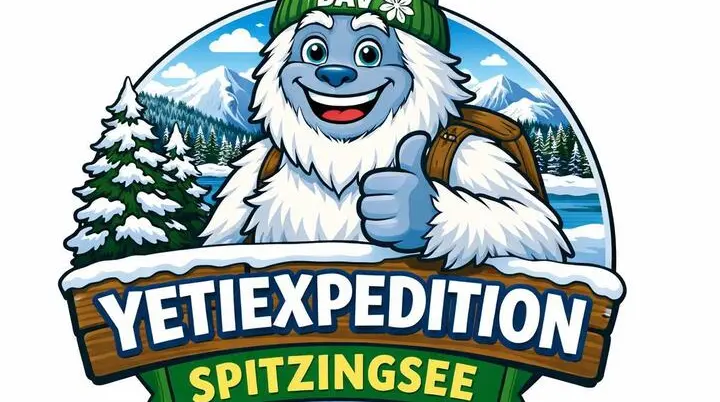 Logo mit freundlichem Yeti in grüner DAV‑Mütze und Rucksack vor verschneiten Bäumen, zugefrorenem See und Bergkulisse. | © DAV Markt Schwaben, Familiengruppe
