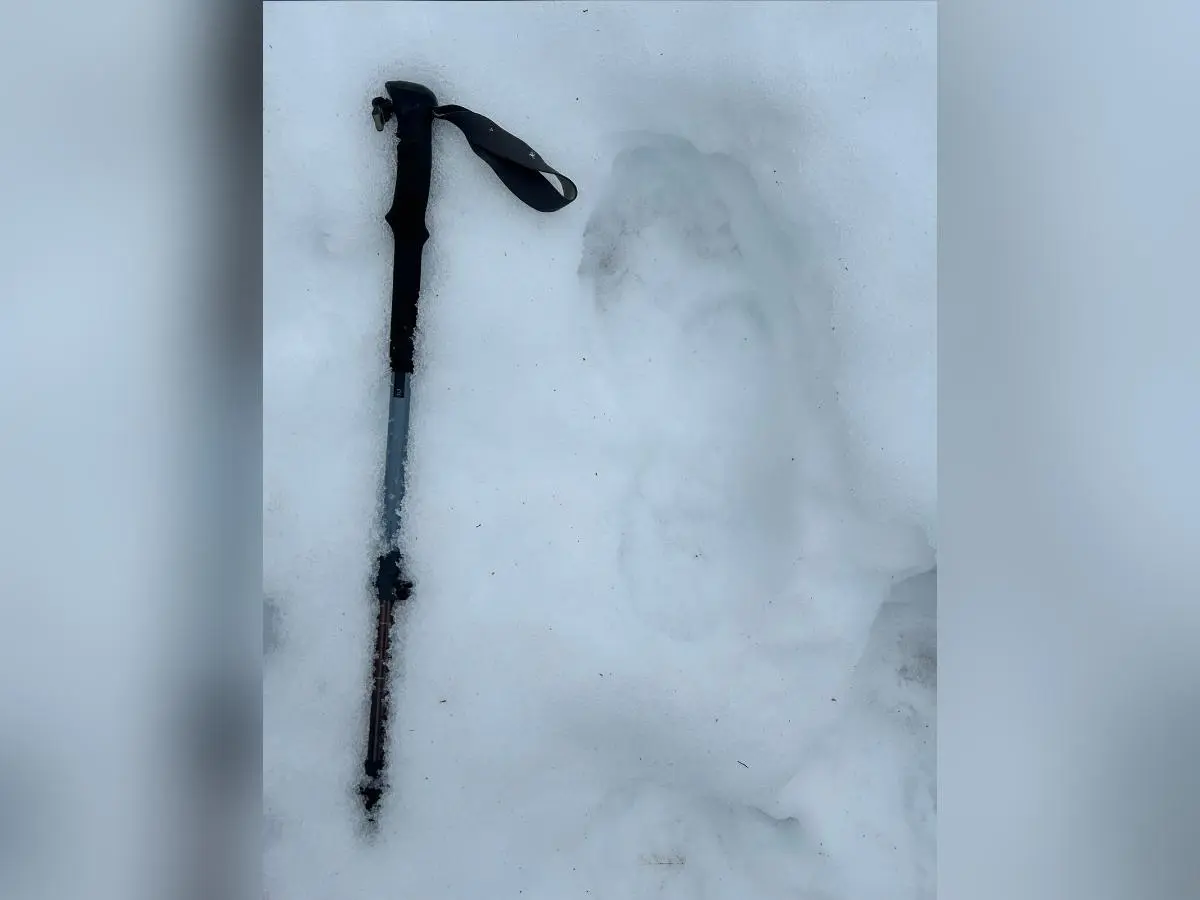 Ein Trekkingstock liegt im Schnee neben einem verwischten Fußabdruck; die Spur befindet sich in winterlicher Umgebung nahe dem DAV‑Haus Spitzingsee. | © DAV Markt Schwaben