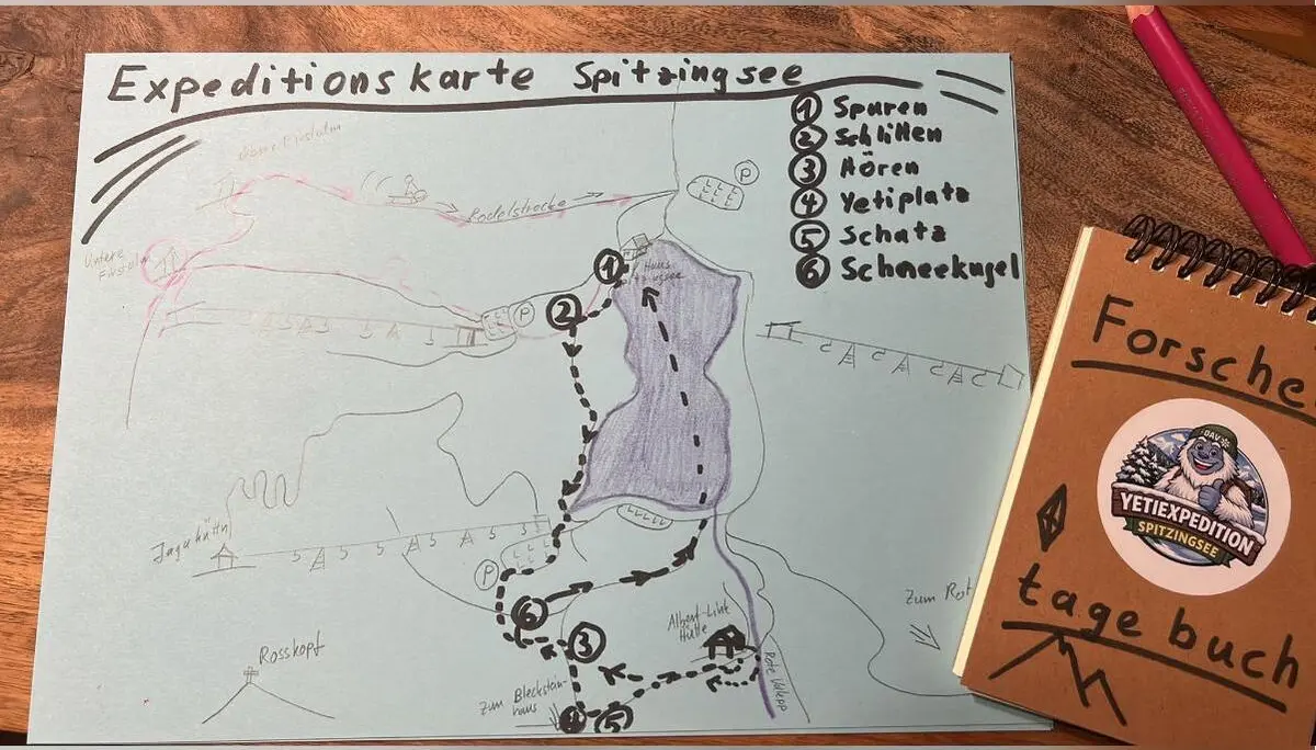 Handgezeichnete Expeditionskarte mit nummerierten Stationen rund um den Spitzingsee; daneben ein braunes Forscher‑Tagebuch mit Yeti‑Sticker. | © DAV Markt Schwaben, Familiengruppe