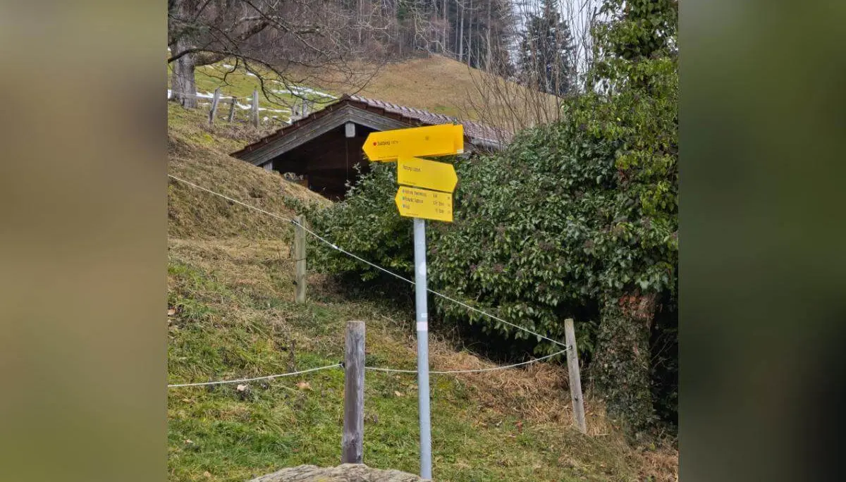 Gelber Wegweiser im Vordergrund vor einer kleinen Holzhütte und einem bewaldeten Hang; die Schilder zeigen verschiedene Wanderziele. | © DAV Markt Schwaben | Foto: Erwin Matzinger