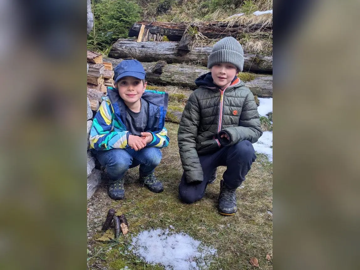 Zwei Kinder knien im Wald neben Holzstapeln und betrachten mehrere am Boden liegende Tannenzapfen. | © DAV Markt Schwaben/Silke Titze