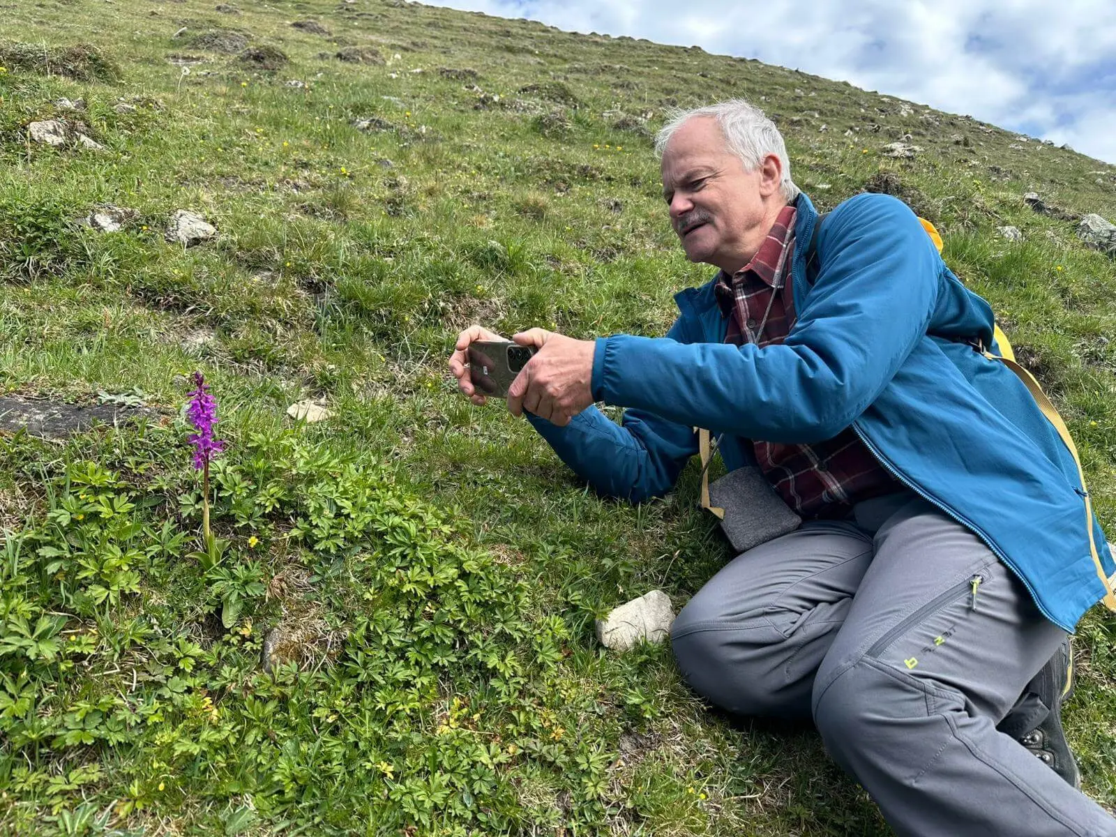 Person kniet auf einer Wiese und fotografiert eine violette Blume aus der Nähe; umgeben von Gras, kleinen Pflanzen und Hanglandschaft. | © DAV Markt Schwaben/Elke Kressirer