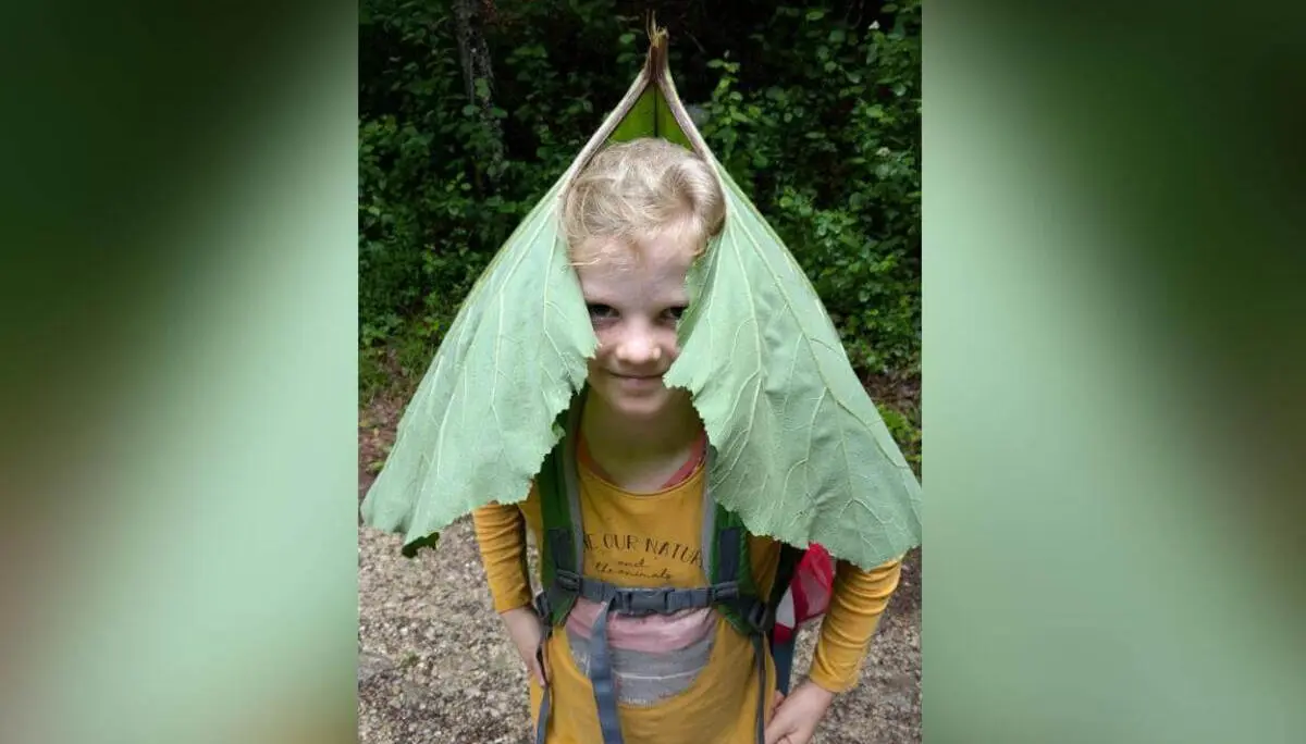 Ein Kind steht auf einem Waldweg und trägt ein großes grünes Blatt wie eine Kapuze, mit Rucksack und umgeben von dichtem Grün. | © DAV Markt Schwaben / Silke Titze