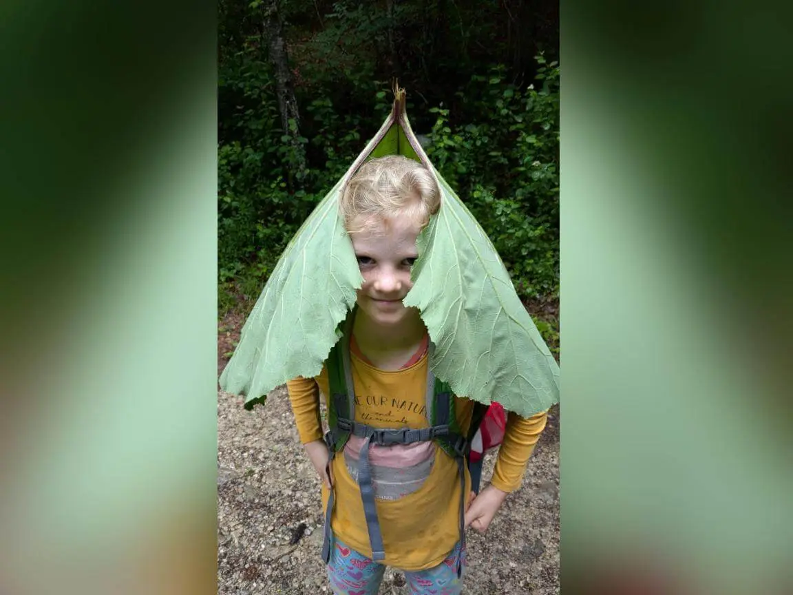 Ein Kind steht auf einem Waldweg und trägt ein großes grünes Blatt wie eine Kapuze, mit Rucksack und umgeben von dichtem Grün. | © DAV Markt Schwaben / Silke Titze