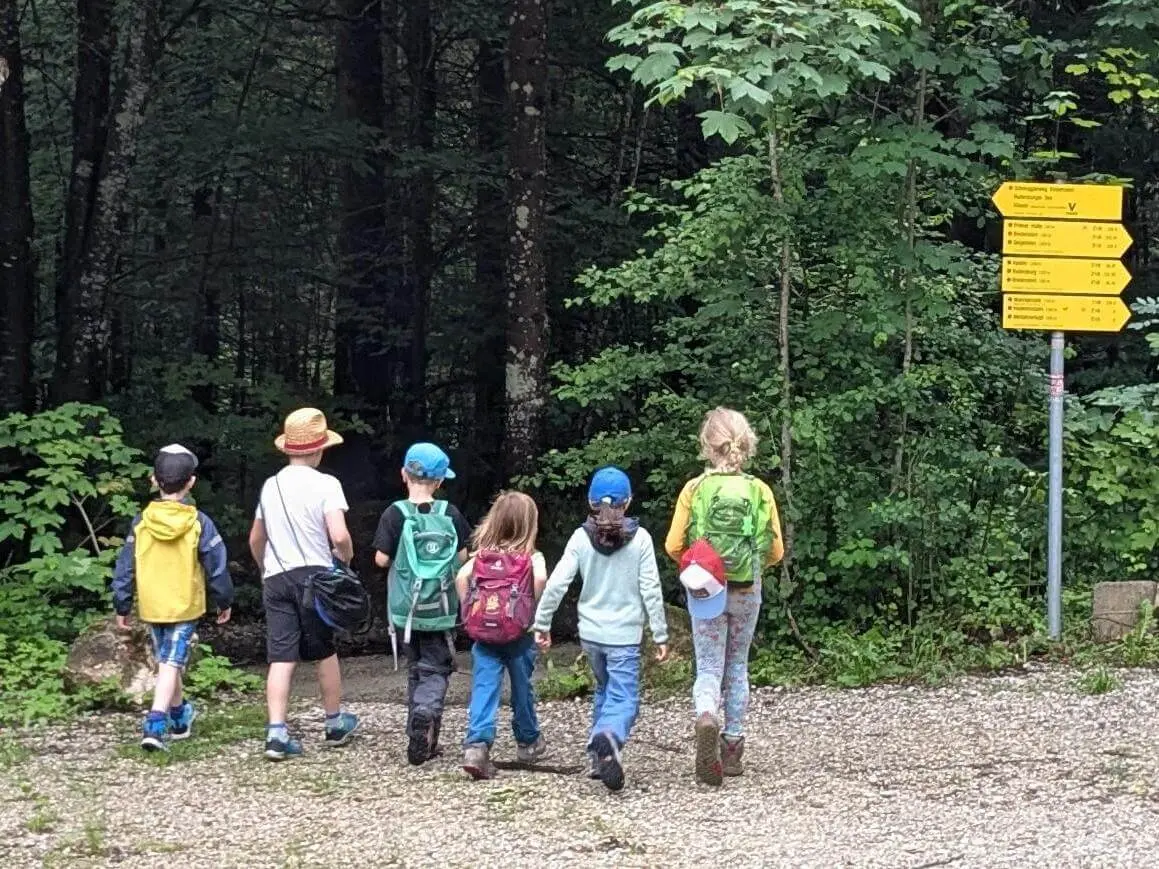 Sechs Kinder mit Rucksäcken gehen auf einem Schotterweg in einen dichten Wald, neben ihnen steht ein gelber Wanderwegweiser mit mehreren Richtungen. | © DAV Markt Schwaben / Silke Titze