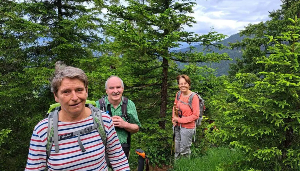 Drei Personen mit Rucksäcken und Wanderstöcken stehen auf einem schmalen Waldpfad zwischen dichten Fichten am Berghang. | © DAV Markt Schwaben / Tanja Döhler