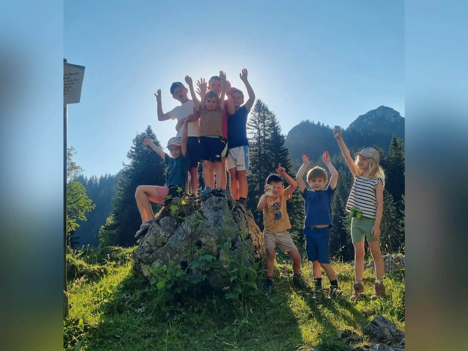 Mehrere Kinder stehen und sitzen auf einem großen Felsblock in einer Bergwiese; dahinter erheben sich bewaldete Hänge und Gipfel. | © DAV Markt Schwaben