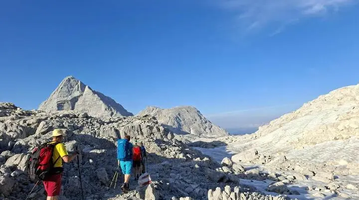 Mehrere Wandernde durchqueren eine helle Karstlandschaft mit Schneefeldern. Markante Gipfel ragen unter blauem Himmel empor. | © DAV Markt Schwaben/Alfred Quiel