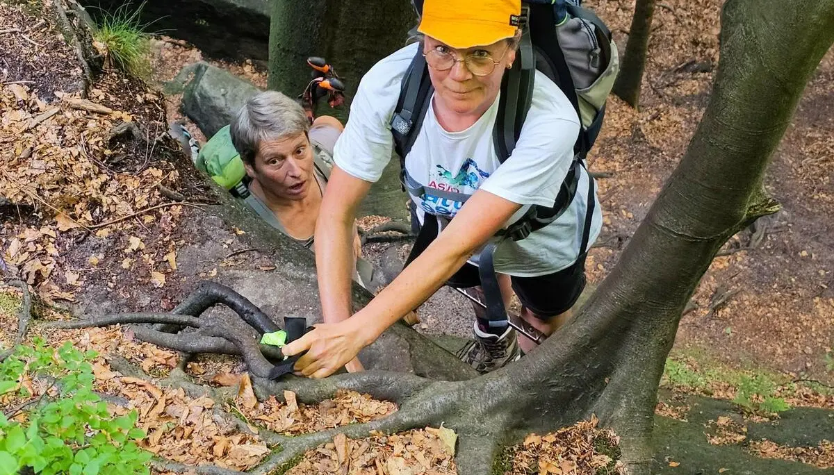 Zwei Wandernde steigen durch eine schmale Felsspalte bergauf. Freiliegende Baumwurzeln dienen dabei als natürliche Tritthilfe. | © DAV Markt Schwaben/Lutz Gründel