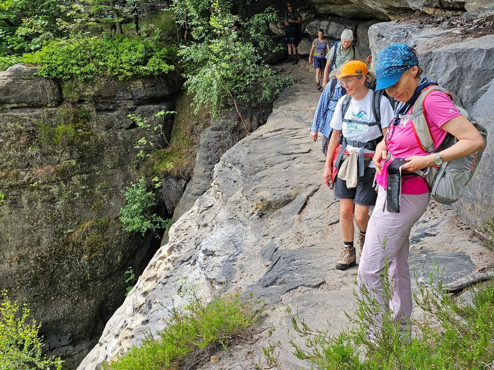 Mehrere Wandernde gehen auf einem schmalen Felsband entlang einer Sandsteinwand. Daneben fällt das Gelände steil in eine bewaldete Schlucht ab. | © DAV Markt Schwaben/Lutz Gründel