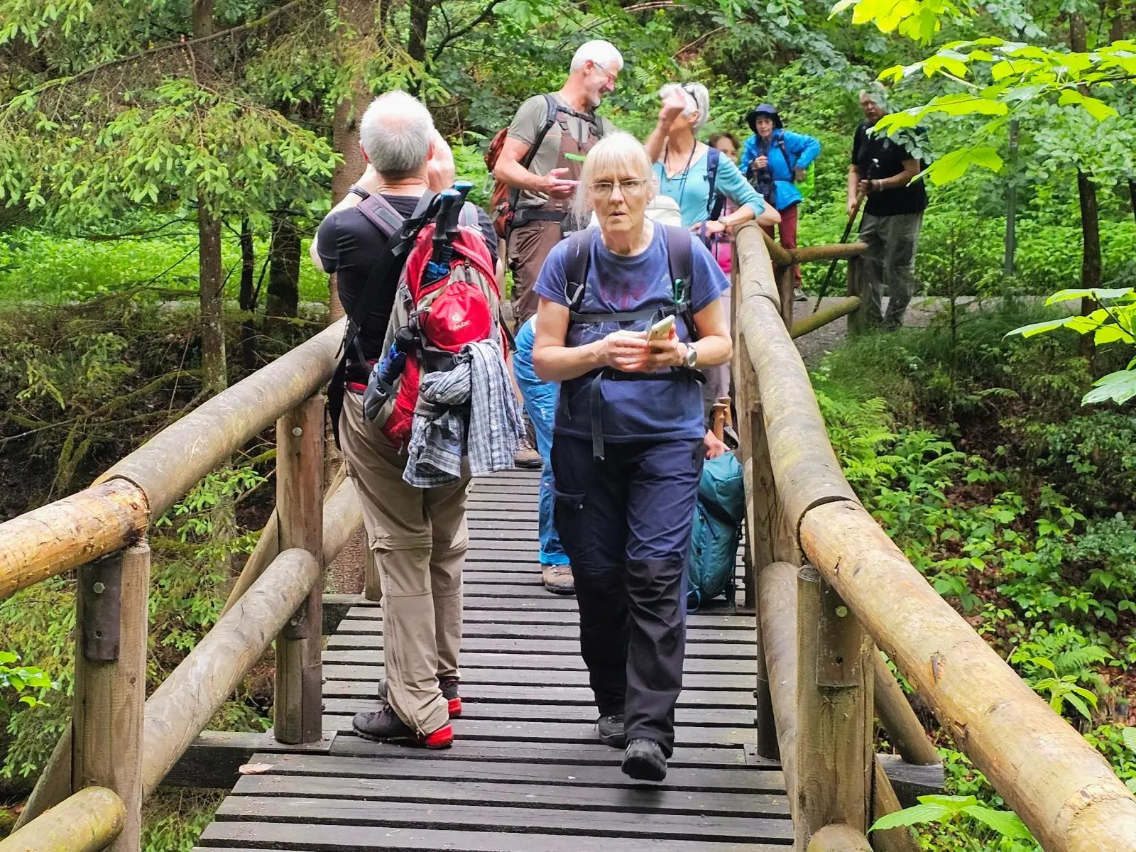 Mehrere Wandernde überqueren eine schmale Holzbrücke im Wald. Dichtes Grün umgibt den Steg über einem kleinen Taleinschnitt. | © DAV Markt Schwaben/Lutz Gründel